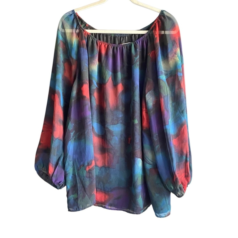 Philosophy Red/Black/Purple Muted Geometric Pattern Long Sleeve Blouse. Size 2XL
